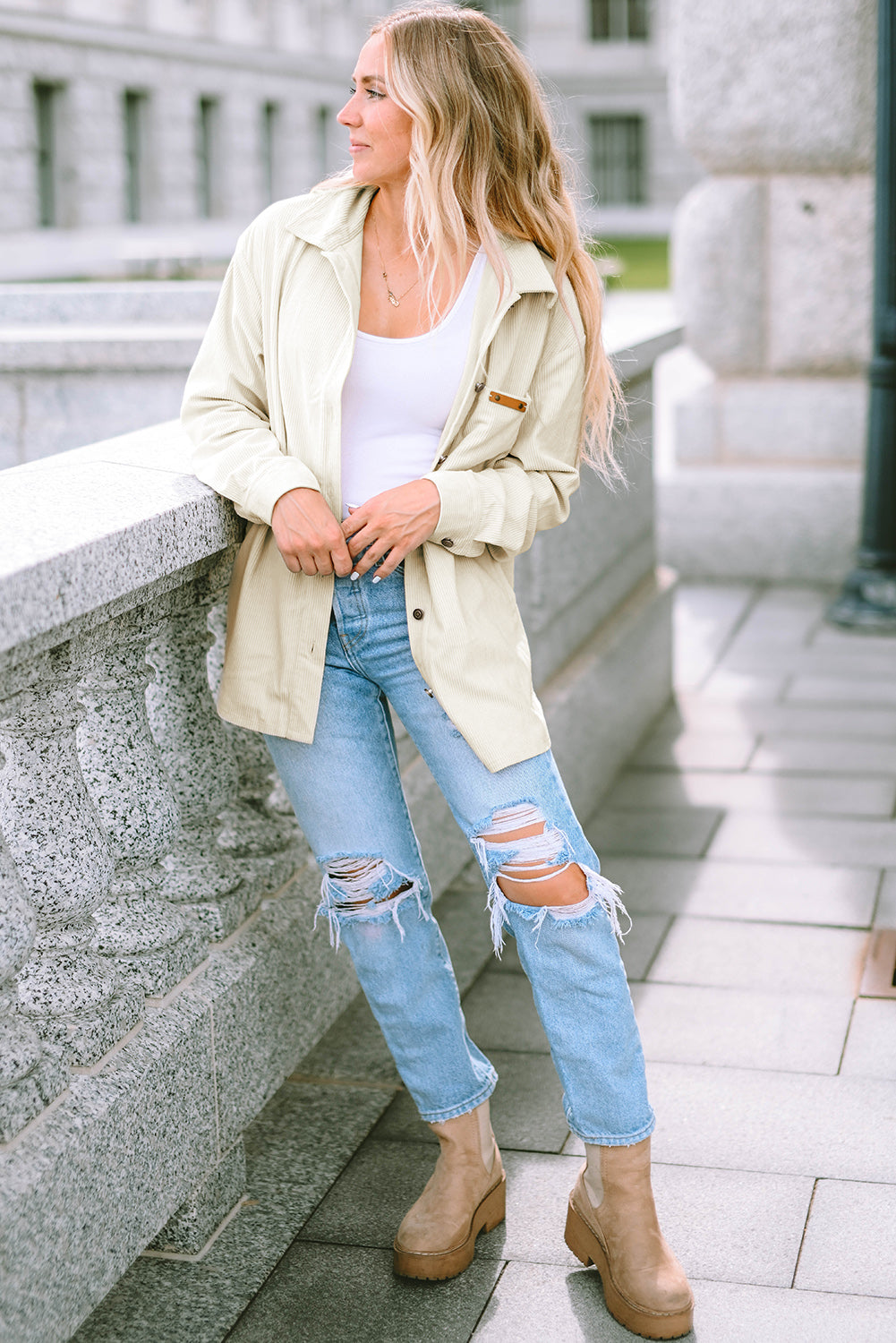 Beige Corduroy Buttoned Front Pocketed Shacket