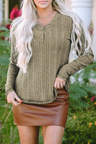 V Neck Buttoned Ribbed Knit Top