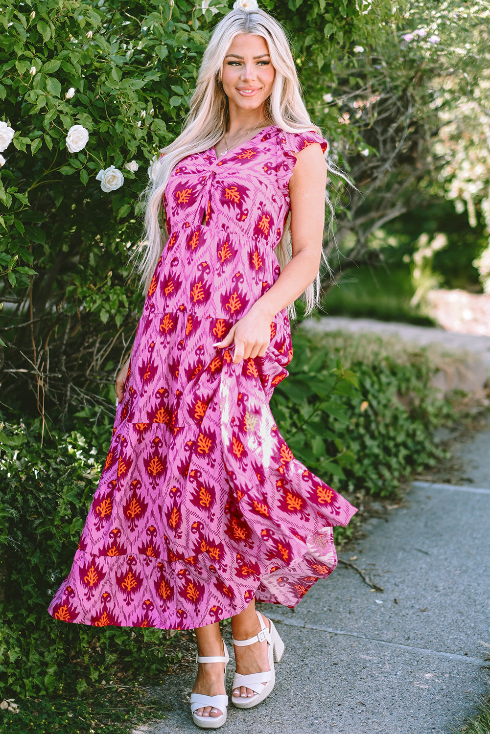 Retro Print Twisted Front Ruffled Sleeve Maxi Dress