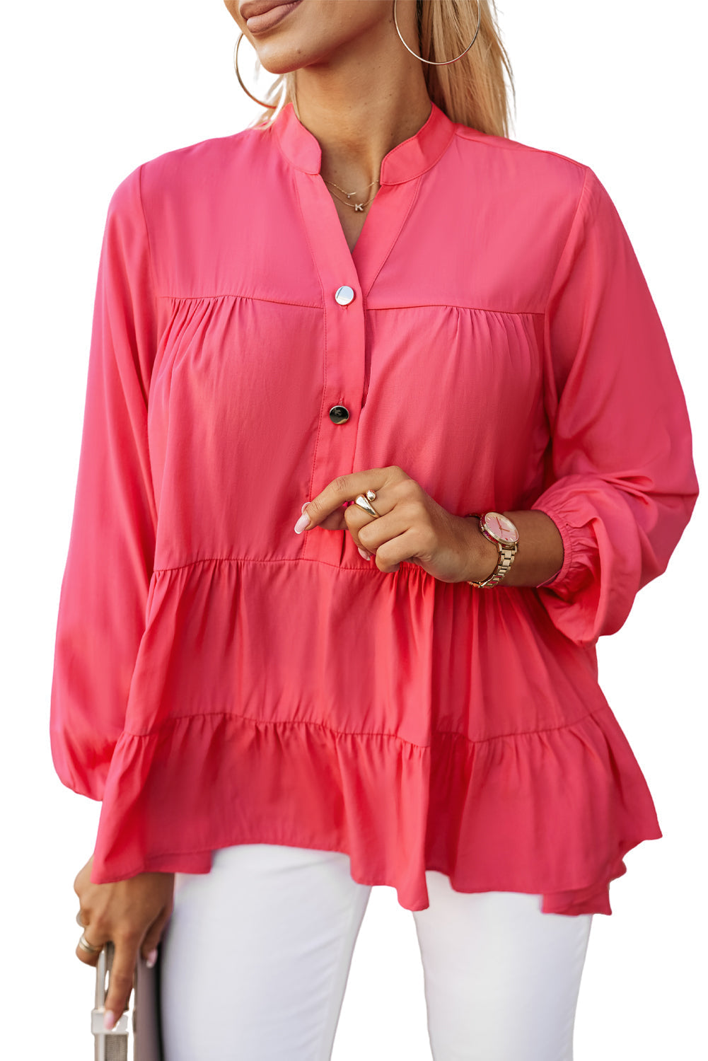 Half Buttoned Ruffle Tiered Long Sleeve Blouse