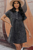 Acid Wash Button Front Collared Short Sleeve Denim Dress