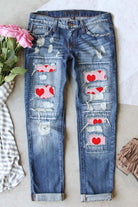 Sky Blue Valentines Day Heart Patchwork Distressed Jeans