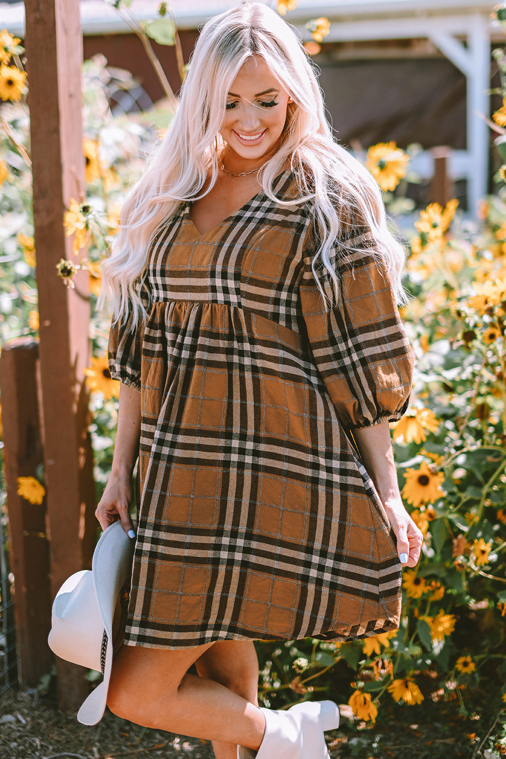 Plaid Pattern Empire Waist Babydoll Dress