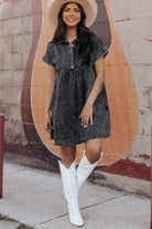 Acid Wash Button Front Collared Short Sleeve Denim Dress