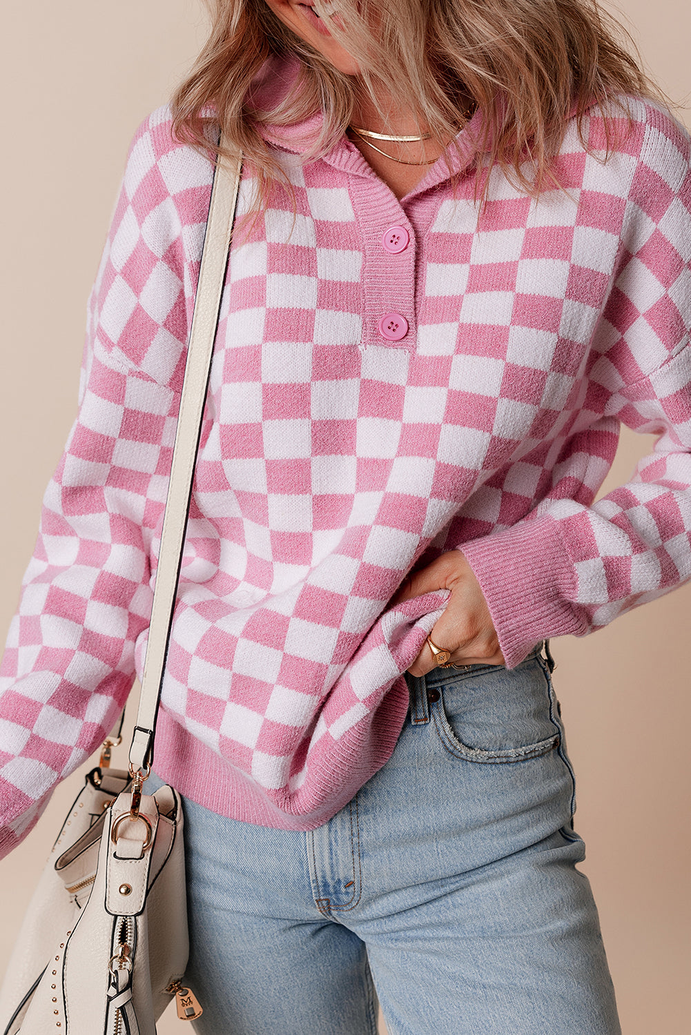 Checkered Buttons Collar V Neck Drop Shoulder Sweater