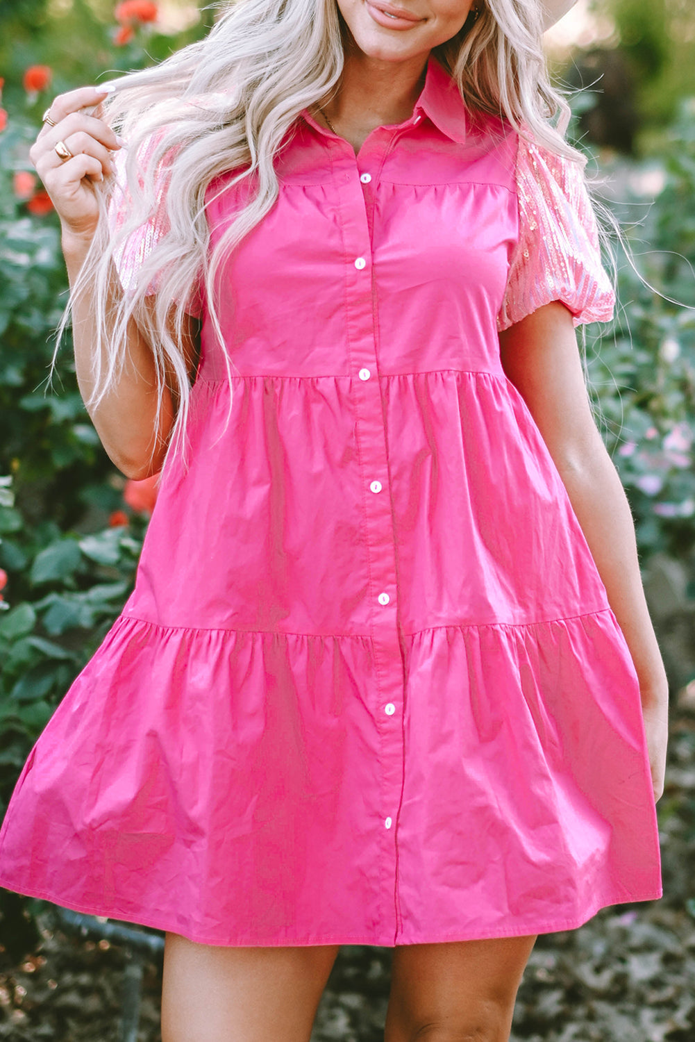 Sequined Bubble Sleeve Tiered Ruffled Shirt Dress