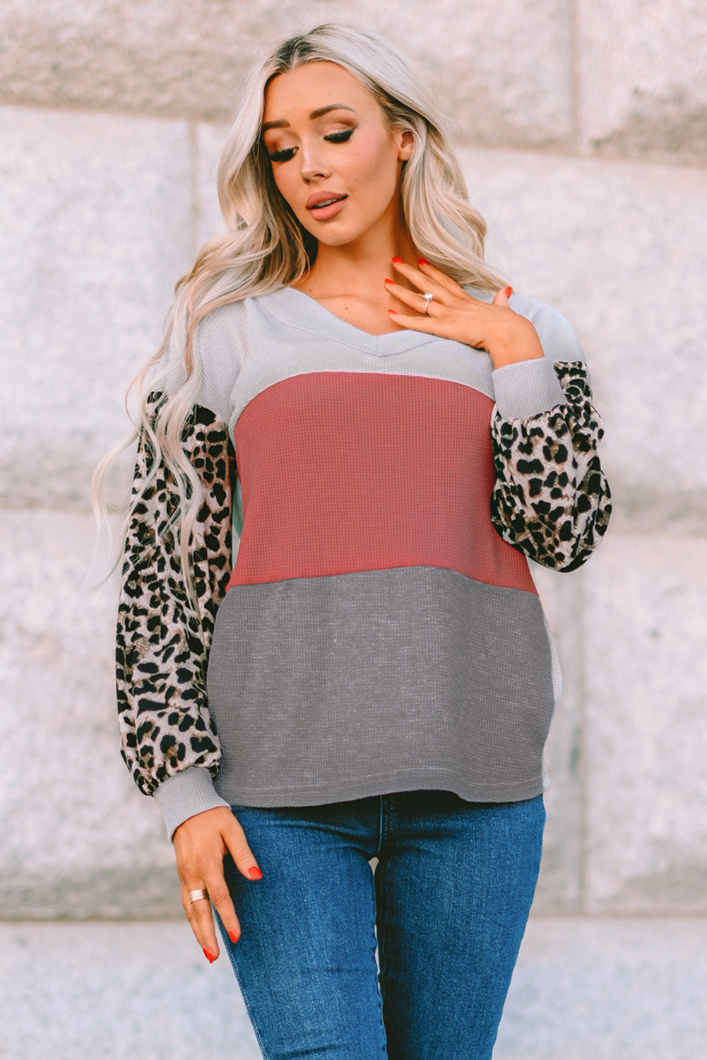 Wild Leopard Contrast Sleeve Colorblock Waffle Knit Top