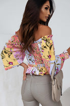 Smocked Floral Frilled Trim Square Neck Blouse