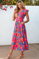 Boho Floral V Neck Ruffle Tiered Long Dress