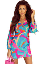 Abstract Print Wrap V Neck Puff Sleeve Dress