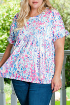 Purple Vibrant Botanical Print Frill Short Sleeve Plus Size Top