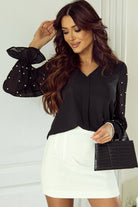 Pearl Mesh Flounce Sleeve V Neck Blouse