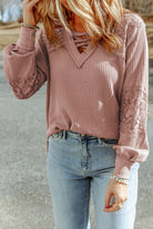 Lace Waffle Patchwork Strappy V Neck Long Sleeve Top