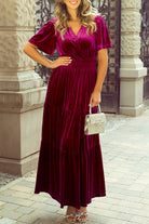 Velvet Short Sleeve Shirred Waist Tiered Maxi Dress