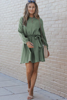 Button Neck Puff Sleeve Belted Pleated Mini Dress