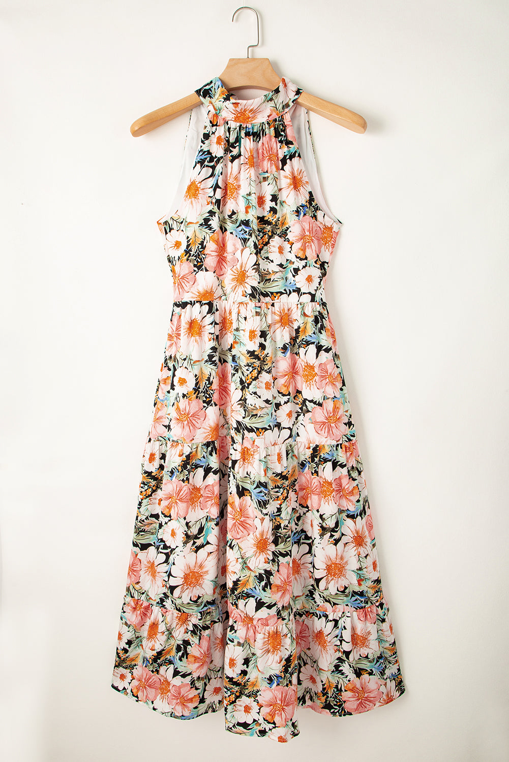 Boho Floral Print Knotted Halter Ruffled Maxi Dress