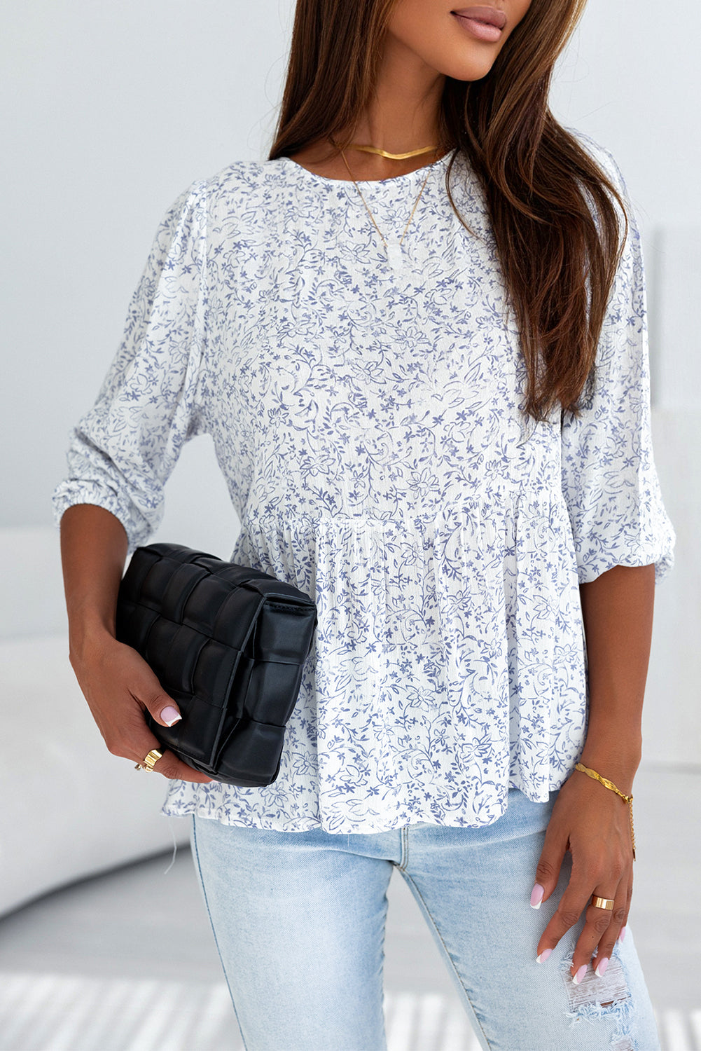 Retro Floral Printed 3/4 Puff Sleeve Blouse