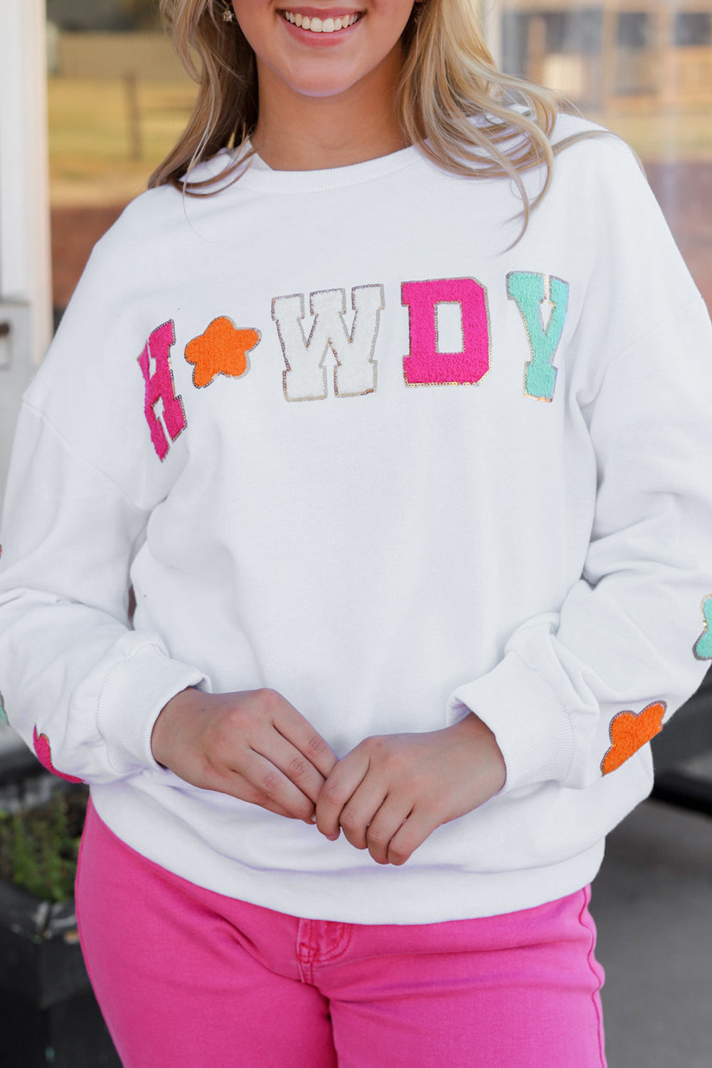 Howdy Glitter Chenille Patch Graphic Casual Sweatshirt