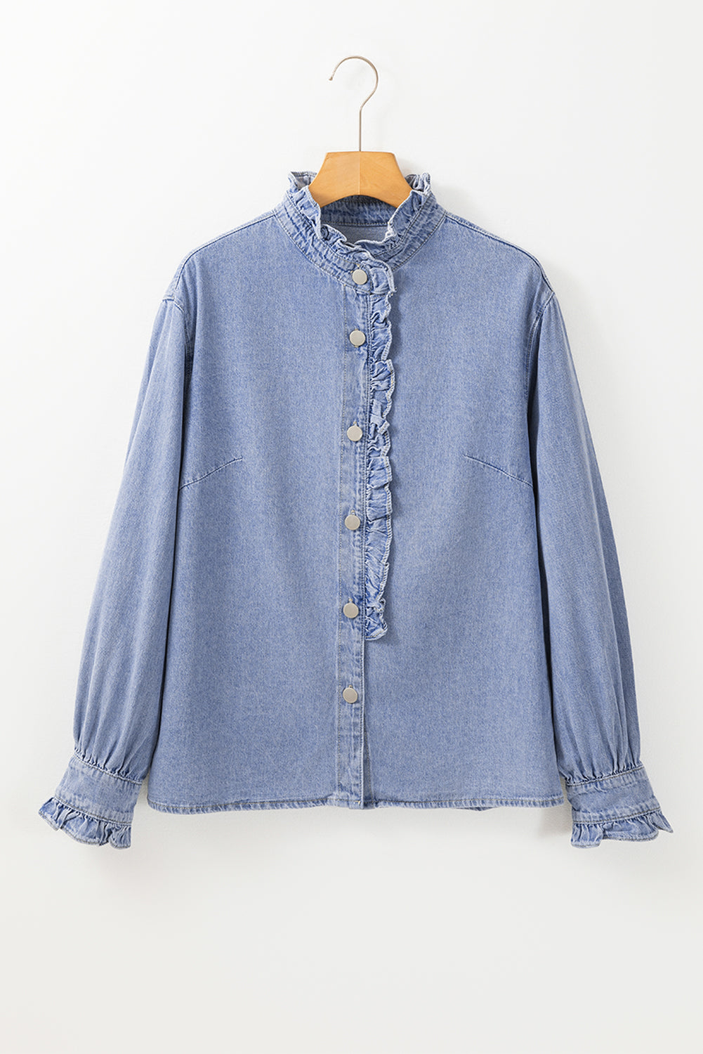 Ruffled Long Sleeve Buttoned Denim Shirt