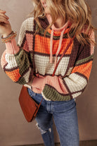 Color Block Waffle Knit Drawstring Mock Neck Sweater