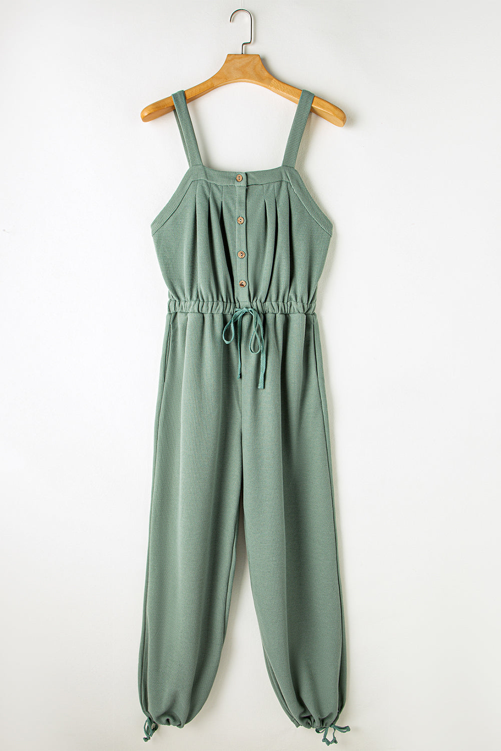 Knotted Straps Button Textured Drawstring Jumpsuit