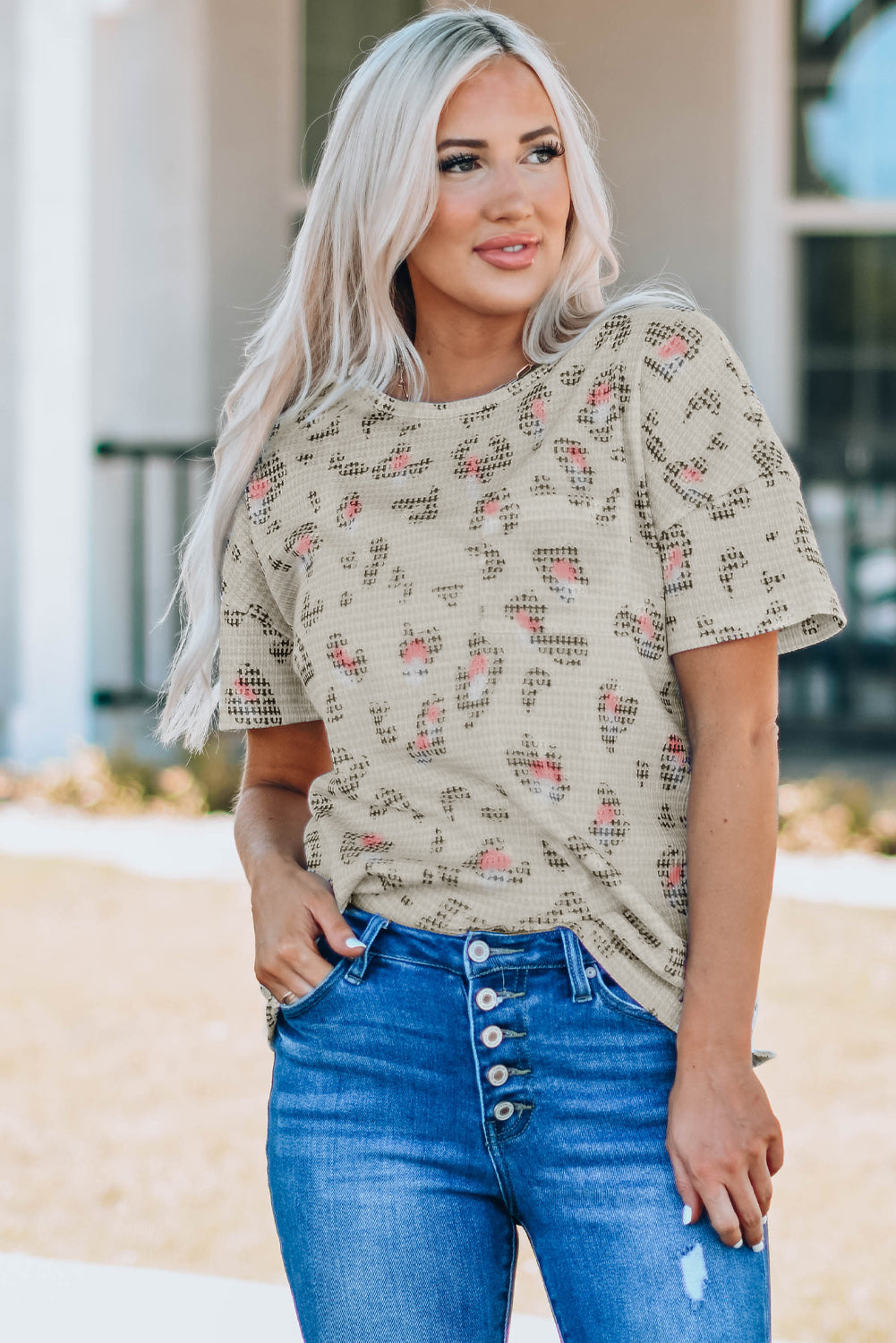 Leopard Waffle Knit Short Sleeve Top