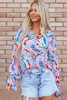 Abstract Print Frilly Neck Ruffled Sleeve Blouse