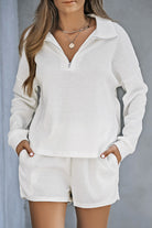 Ribbed Zipper Sweatshirt and High Waist Shorts Set