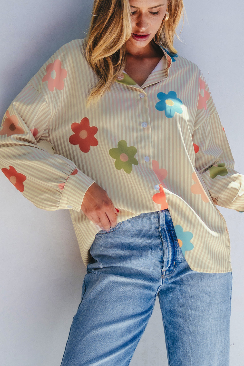 Flower Print Collared Button-up Loose Fit Shirt