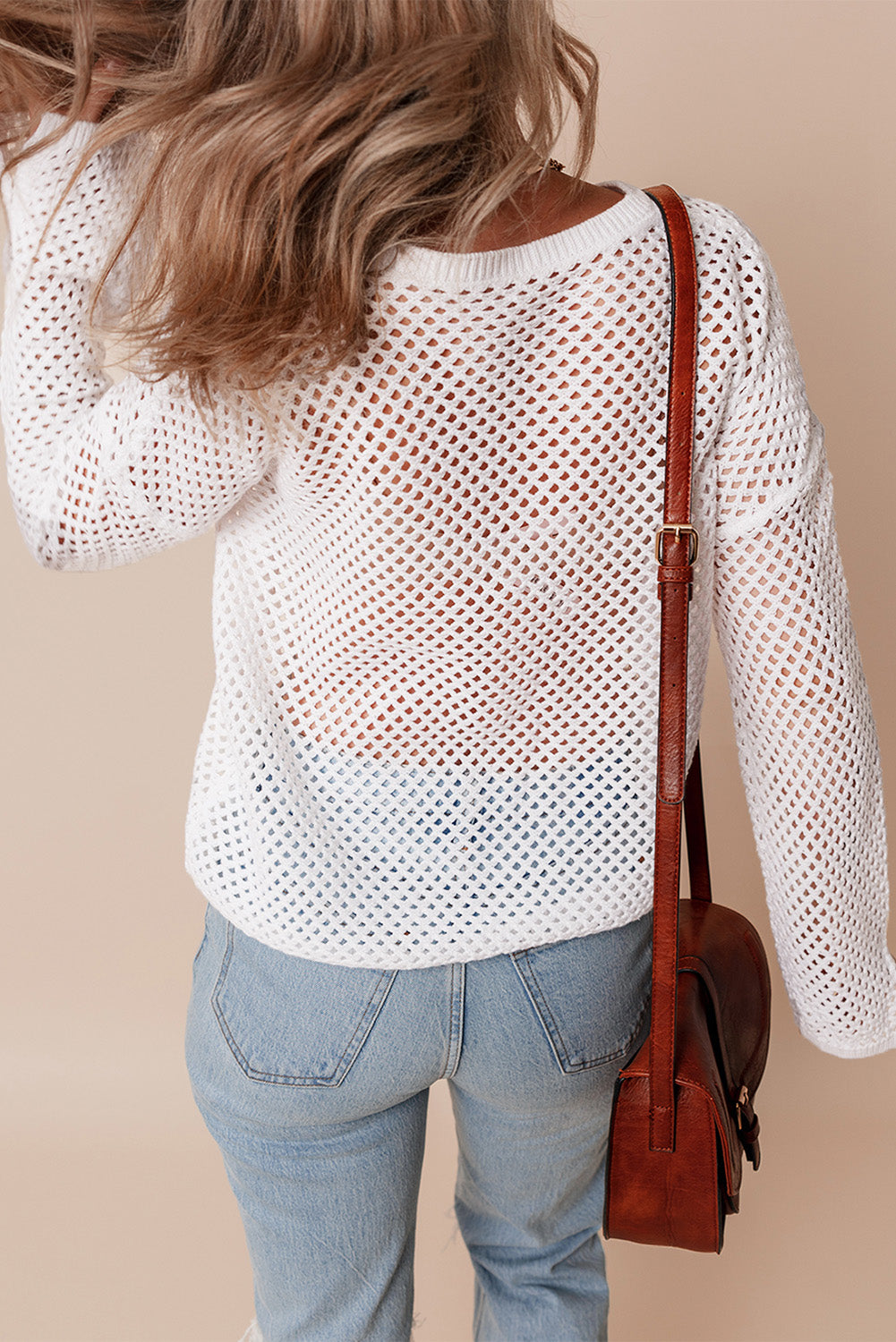 Open Knit Buttoned Neck Split Sleeve Sweater