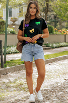 Mardi Gras Sequin Bow Knot Crew Neck T Shirt