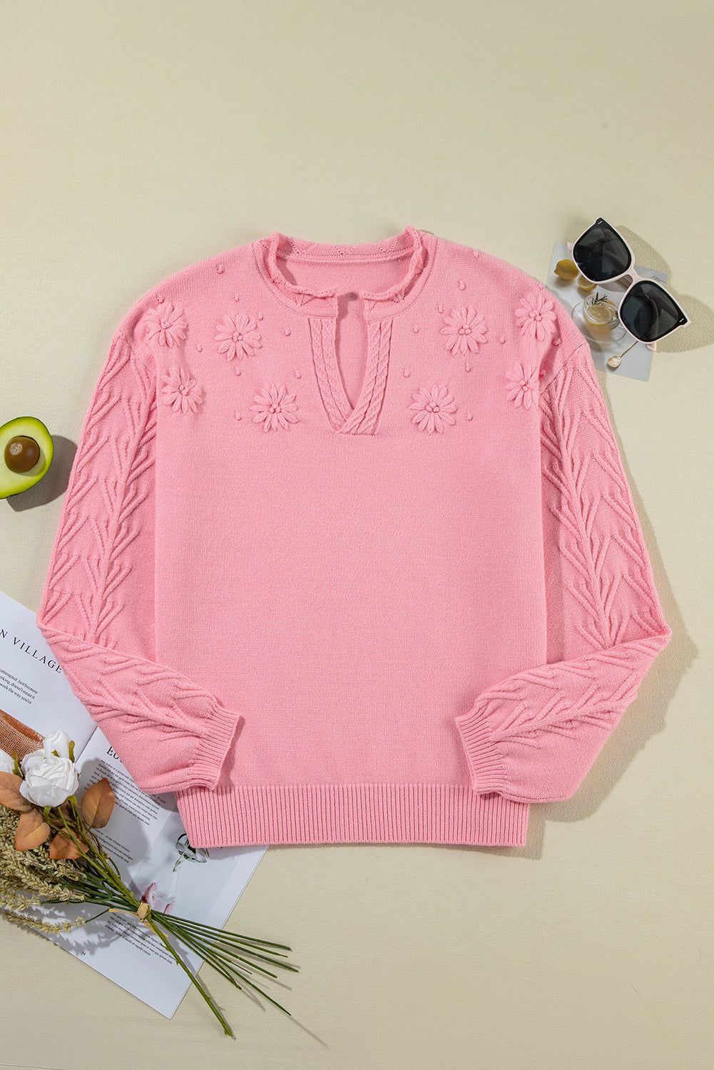 Flower Detail Knitted Notched Neck Sweater