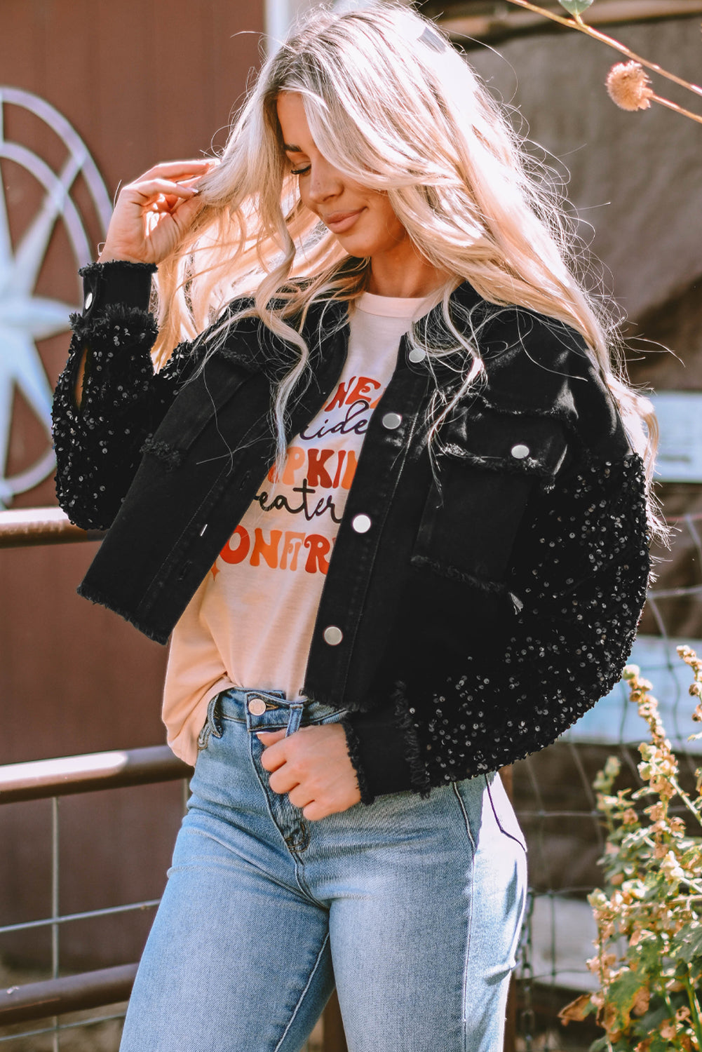 Sequin Sleeve Pocketed Raw Hem Denim Jacket