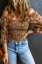 Floral Print Shirred 3/4 Sleeve Off Shoulder Blouse