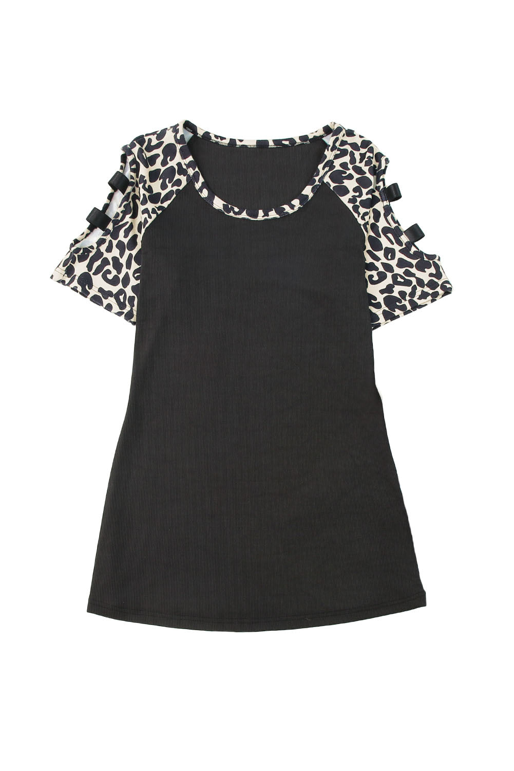 Black Leopard Color Block Cut Out Short Sleeve Top