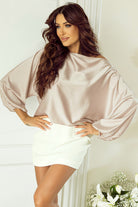 Asymmetrical Neck Balloon Sleeve Satin Blouse