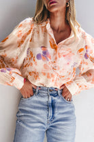 Floral Print Collared Balloon Sleeve Loose Shirt