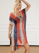 Striped Tassel Crochet V Neck Beach Cover Up