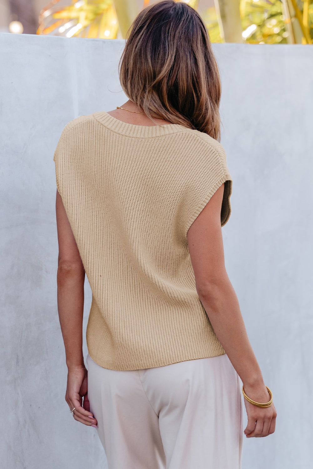 Chest Pocket V Neck Ribbed Cap Sleeve Sweater