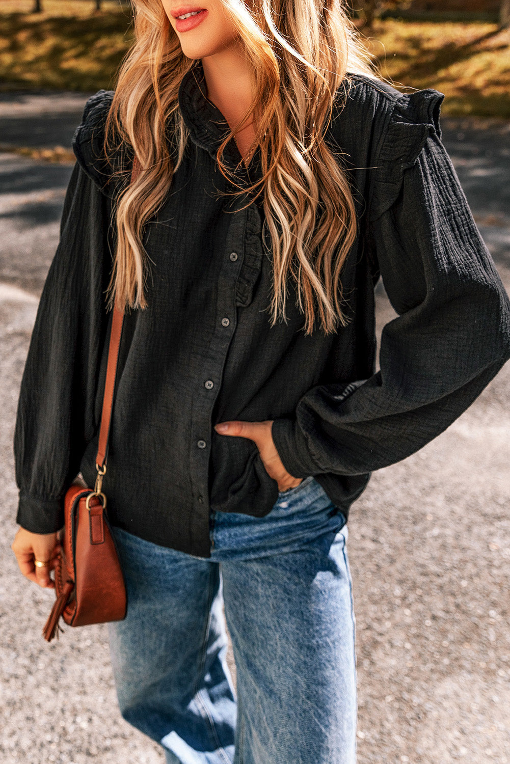 Textured Ruffled Trim Buttoned Loose Fit Shirt