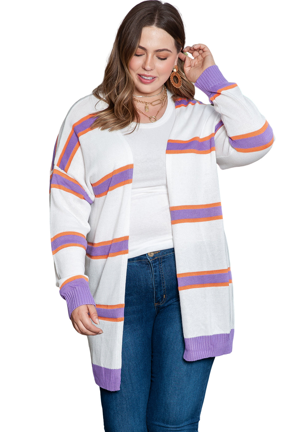 Plus Size Striped Dropped Shoulder Sweater Cardigan