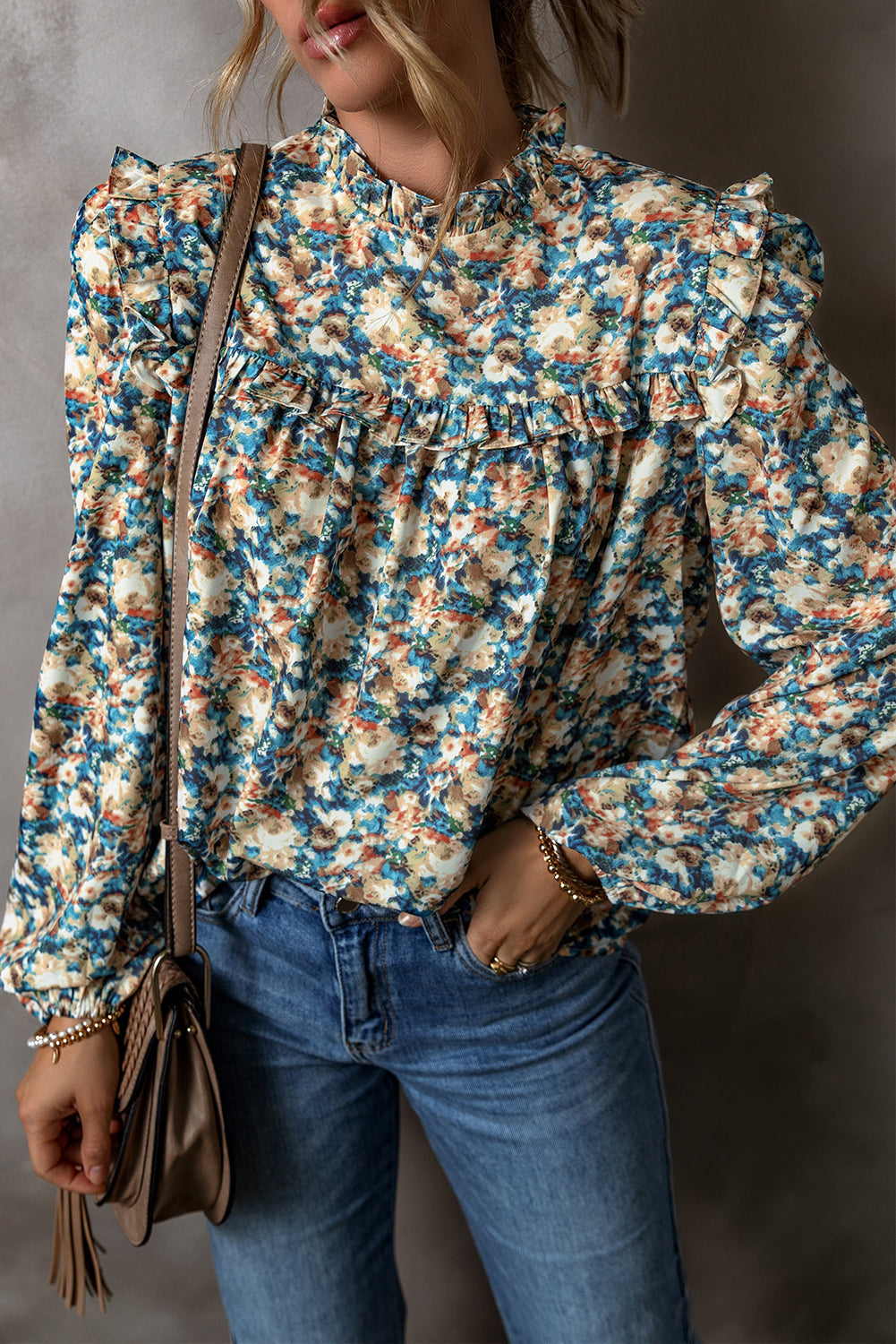 Floral Print Frilled Mock Neck Puff Sleeve Blouse