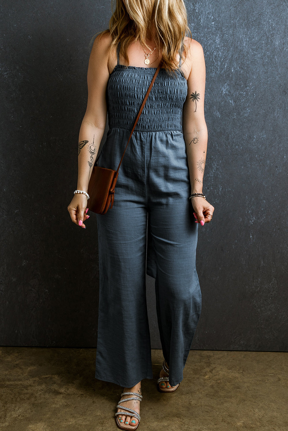 Smocked Spaghetti Straps Tied Back Wide Leg Jumpsuit