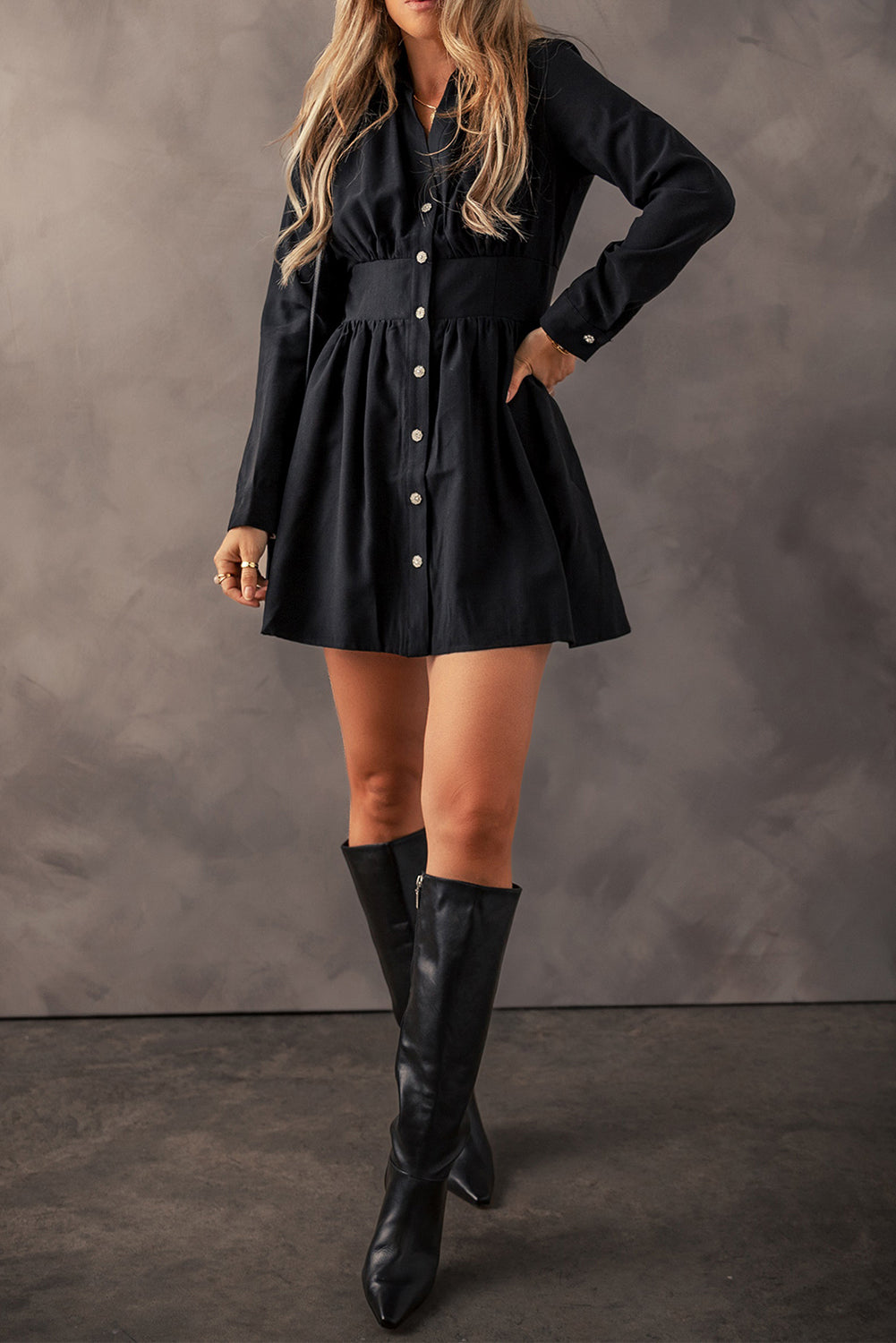 Elastic Cinched High Waist Long Sleeve Shirt Mini Dress