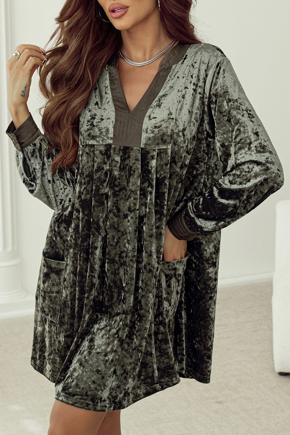 Velvet Long Sleeve V Neck Loose Dress with Pockets