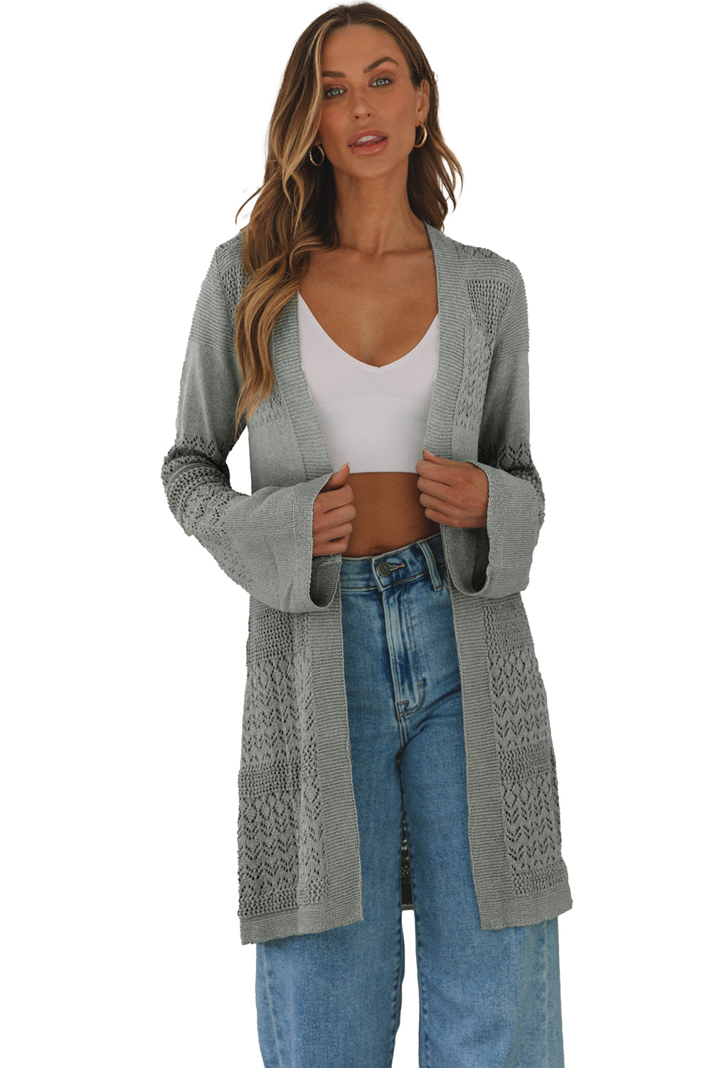 Pointelle Knit Open Front Cardigan