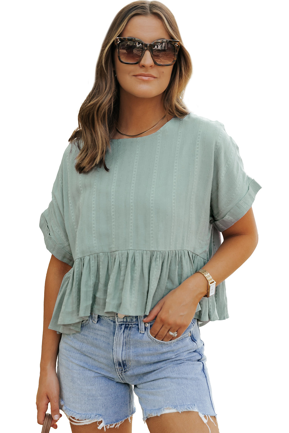 Textured Ruffled Hem Short Sleeve Blouse