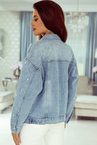 Pearl Beaded Chest Pockets Buttoned Denim Jacket