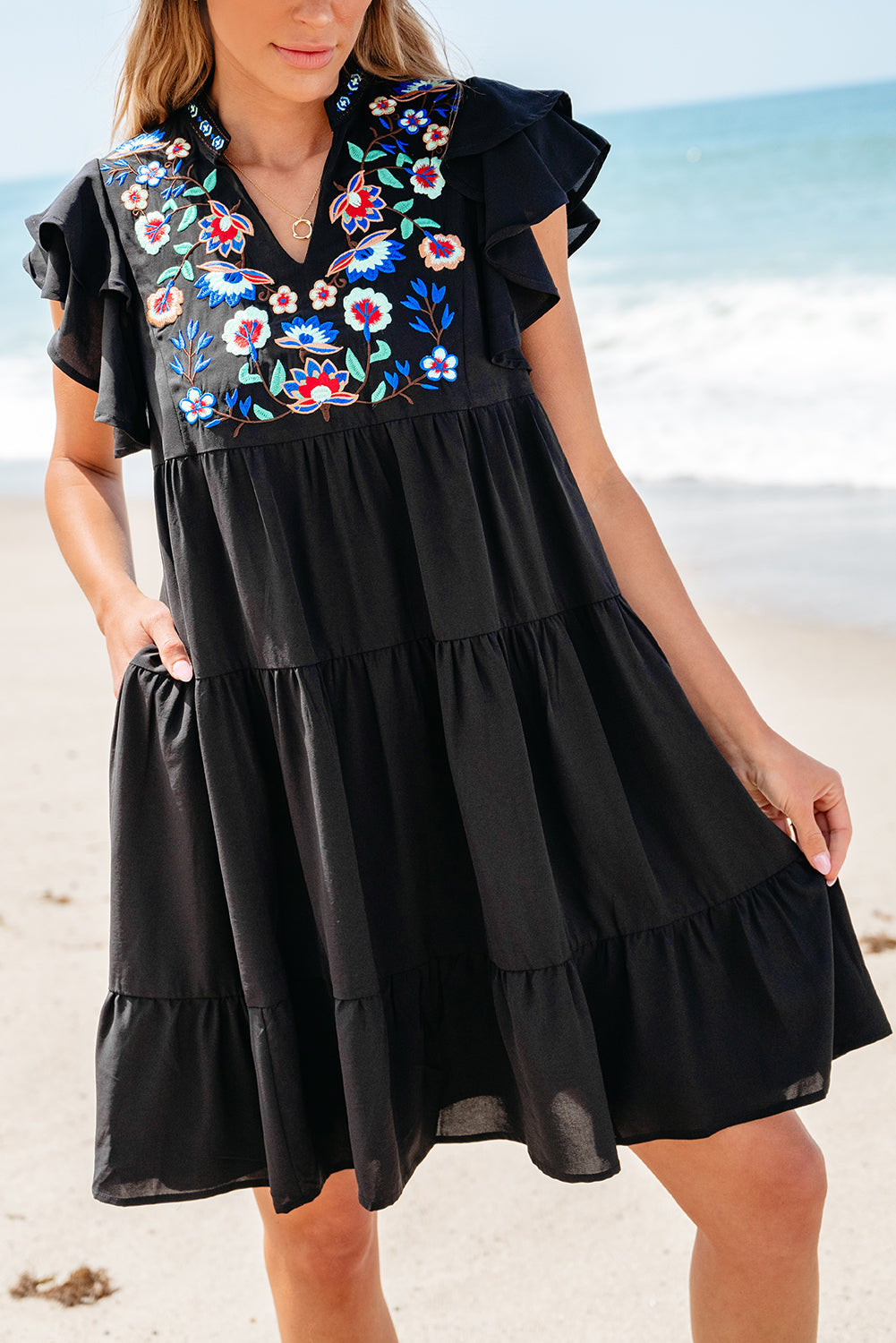 Floral Embroidered Tiered Ruffled Mini Dress