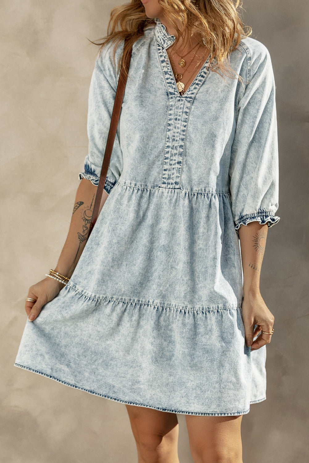 Acid Wash Retro Half Sleeve Flared Denim Dress